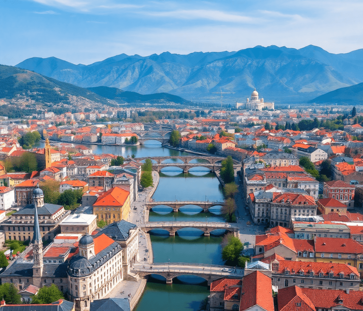 Beautiful aerial view of Sarajevo city with mountains in the background